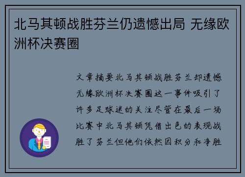 北马其顿战胜芬兰仍遗憾出局 无缘欧洲杯决赛圈