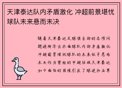 天津泰达队内矛盾激化 冲超前景堪忧球队未来悬而未决