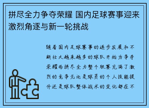 拼尽全力争夺荣耀 国内足球赛事迎来激烈角逐与新一轮挑战