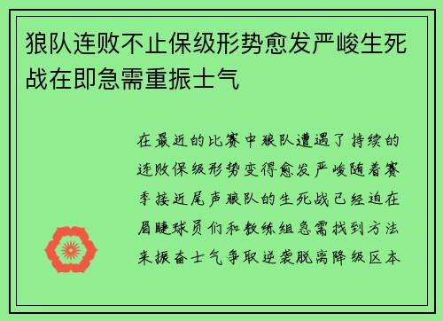 狼队连败不止保级形势愈发严峻生死战在即急需重振士气