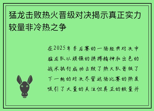猛龙击败热火晋级对决揭示真正实力较量非冷热之争