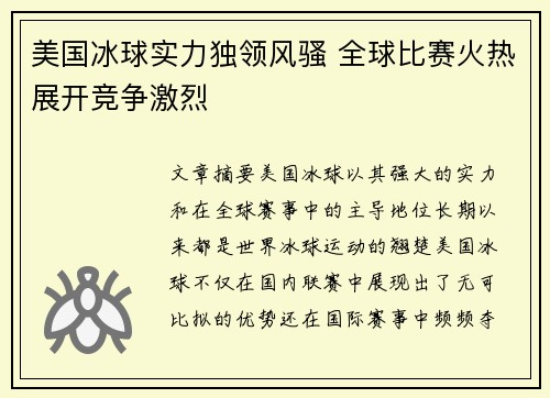 美国冰球实力独领风骚 全球比赛火热展开竞争激烈