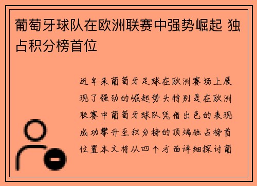 葡萄牙球队在欧洲联赛中强势崛起 独占积分榜首位