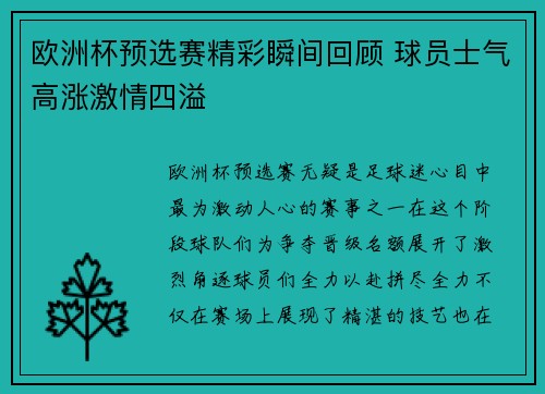 欧洲杯预选赛精彩瞬间回顾 球员士气高涨激情四溢