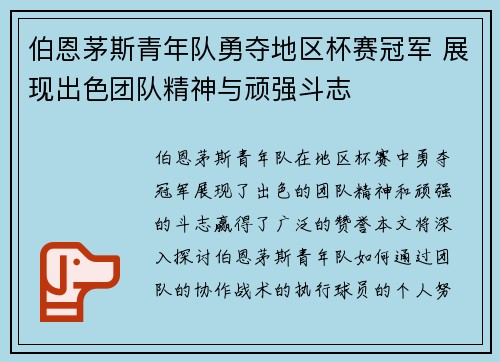 伯恩茅斯青年队勇夺地区杯赛冠军 展现出色团队精神与顽强斗志