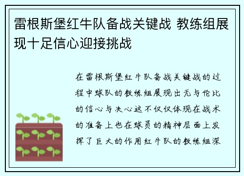 雷根斯堡红牛队备战关键战 教练组展现十足信心迎接挑战