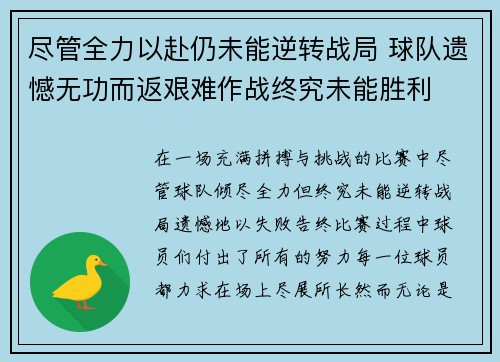 尽管全力以赴仍未能逆转战局 球队遗憾无功而返艰难作战终究未能胜利